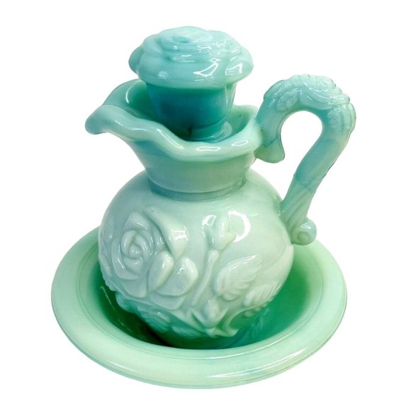 Avon Jadeite Decanter Bottle Pitcher and Bowl w/ Stoppers 5" Victoriana Glass - Picture 7 of 11